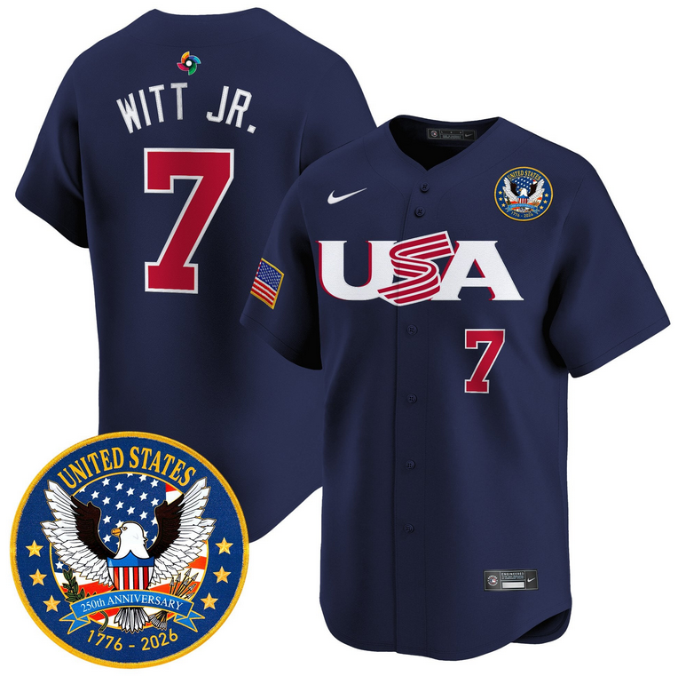 Men Team USA World Baseball Classic 250th Anniversary #7 Witt Jr Navy blue 2026 Roster Patch Vapor Jersey